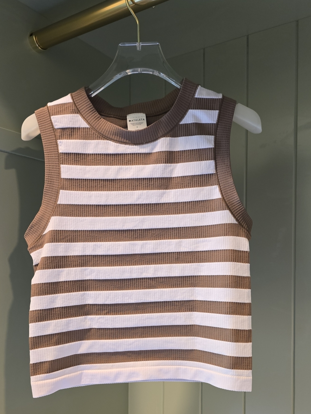 Athleta Taupe and White Striped Ribbed Tank